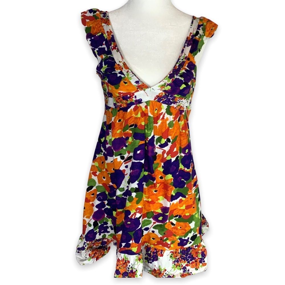 Zara Womens M 100% Cotton Floral Tank Top Babydoll V-Neck Multicolor Boho Ruffle
